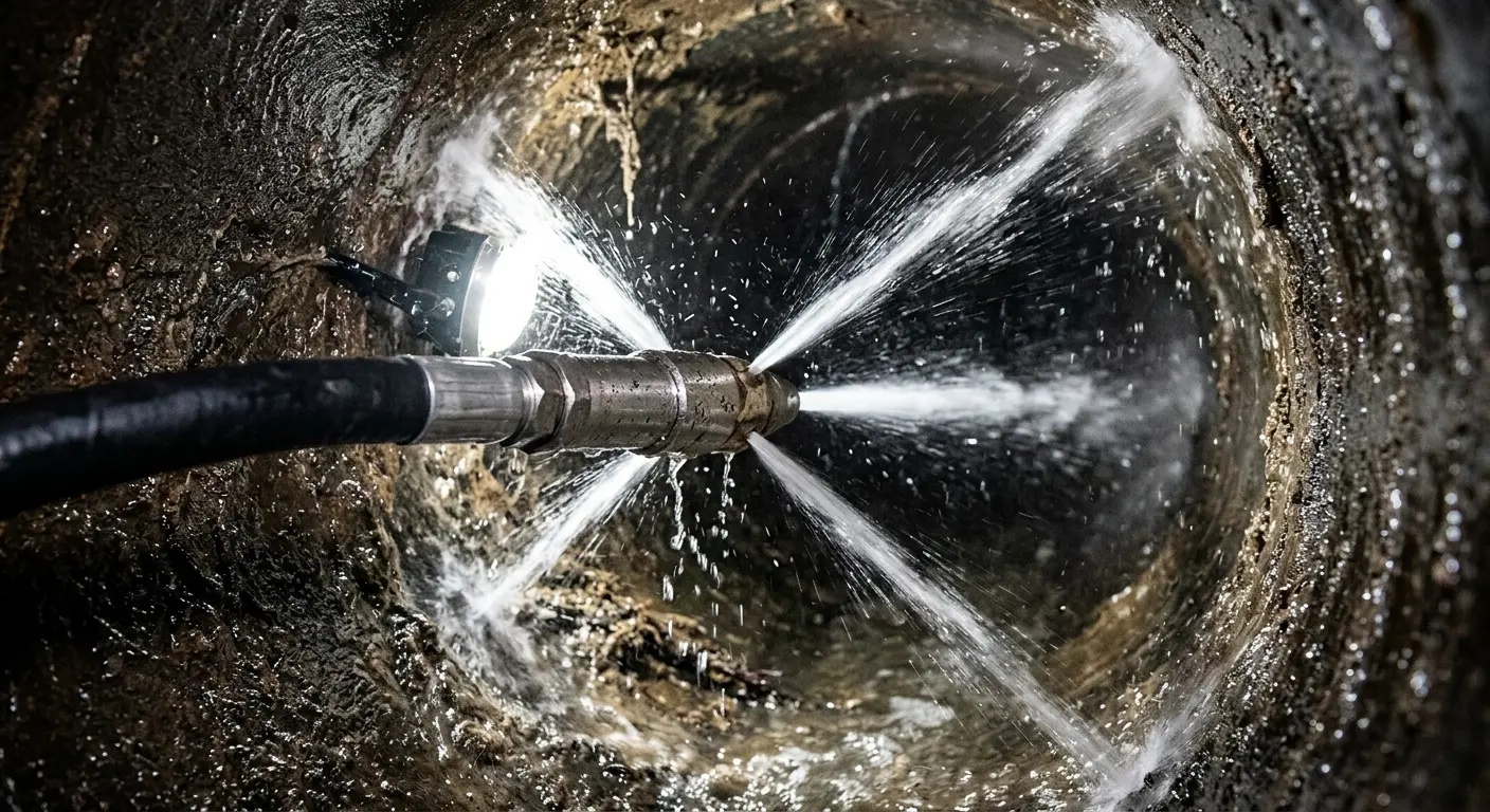 High-pressure hydro jetting nozzle cleaning sewer pipe for Emergency Drain Service in Wheatfield