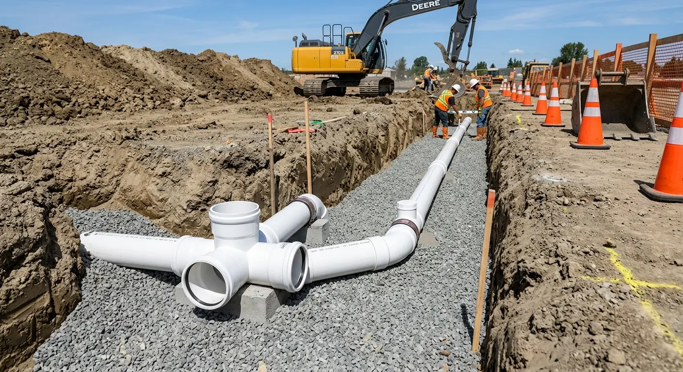New PVC sewer pipe installation in open trench for Grease Trap Cleaning in Wheatfield