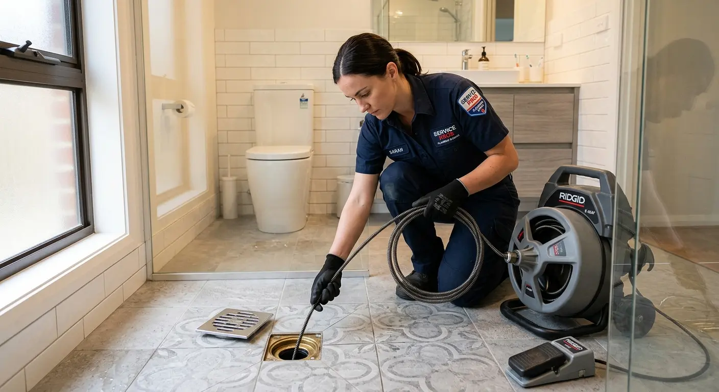 Technician clearing a bathroom floor drain for Hydro Jetting in Wheatfield